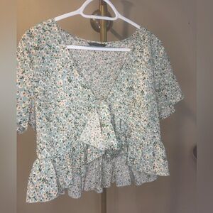 SHEIN Mint Floral Ruffle Blouse